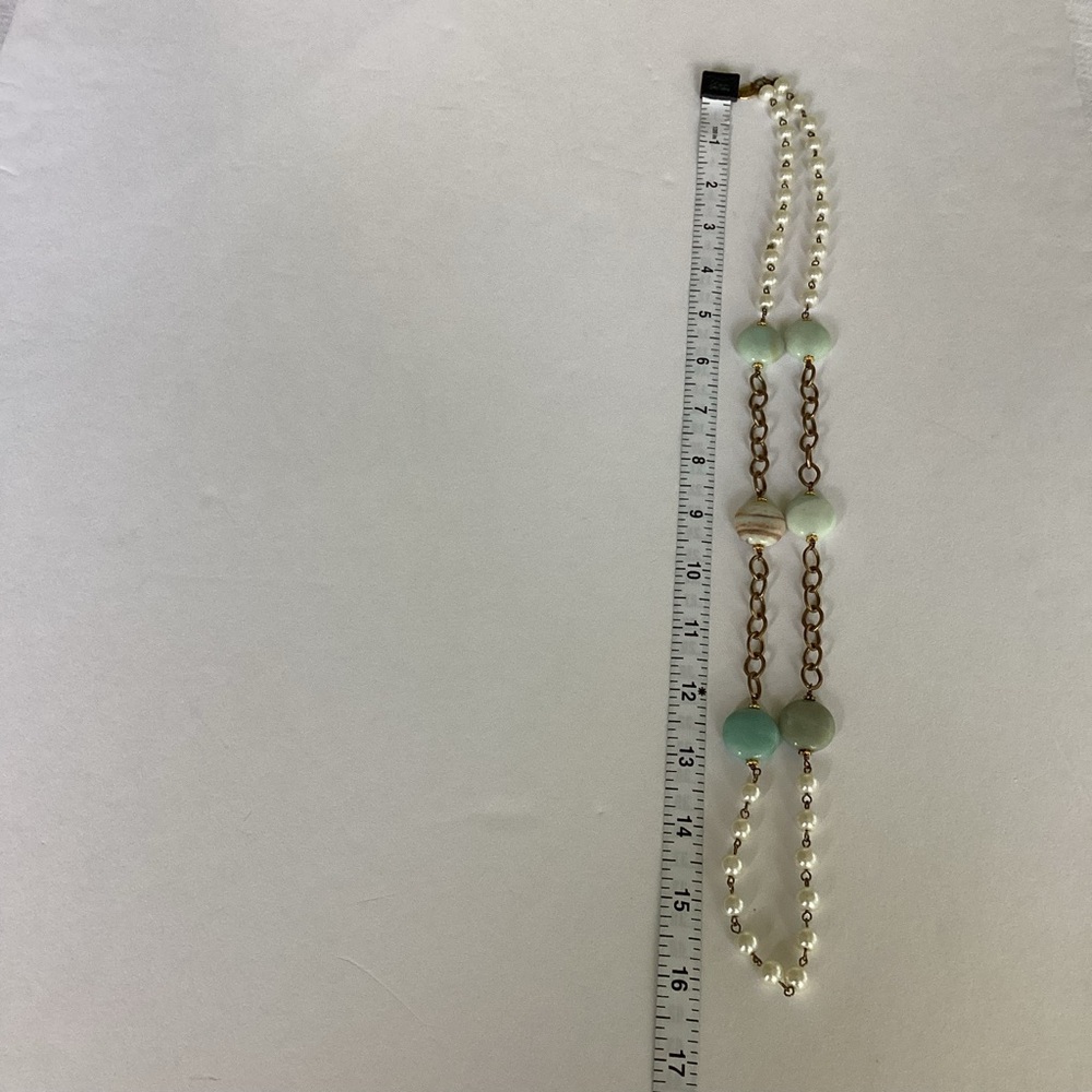 Julio Designs Necklace Mixed Pearl & Aqua Stone Gold Chain Accents Long Artisan - Picture 11 of 12